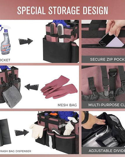 Wearable Cleaning Caddy, Cleaning Caddy Supplies Organizer with Handle & Shoulder Straps for Housekeepers, Under Sink & Car Cleaning Tool Organizers Bag with 4 Foldable Divider (LotusPink)