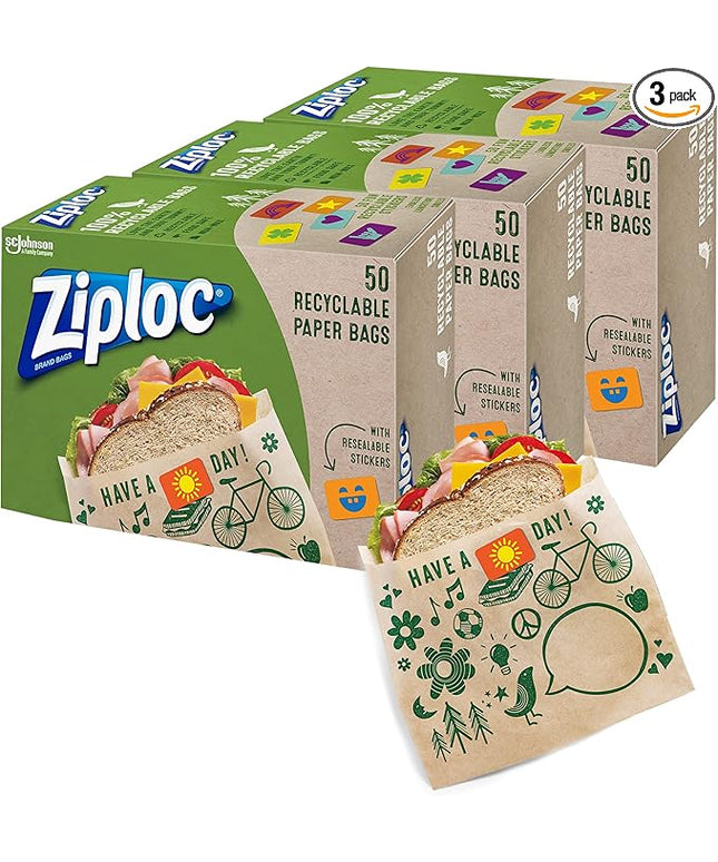 Ziploc Paper Sandwich and Snack Bags, Recyclable & Sealable with Fun Designs, 150 Bags Total