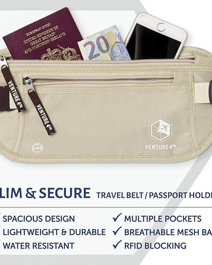 VENTURE 4TH Money Belt for Travel – Hidden Under-Clothes RFID Blocking Passport Holder & Slim Travel Wallet Pouch for Men & Women to Protect Cash, Cards & Documents (Beige)