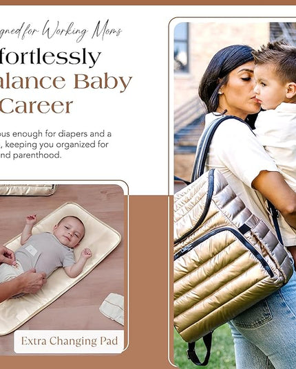 Citi Collective Gallery Diaper Bag Backpack - Casual Day-to-Day Backpack Fits 15" Laptop - Travel Bag with Multiple Compartments, Pockets, Portable Changing Pad, and Shoulder Strap-Gold