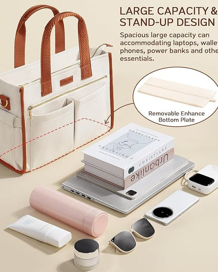 Canvas Tote Bag for Women, 15-Pockets Work Laptop Tote Purse Large Crossbody Nurse Teacher Bible Bag for School Travel Daily | with Strap & Zipper, Multi Compartment, Stand Upright Stably, College Shoulder Bag, Clinical Nursing Bag, Ideal Gift for Women