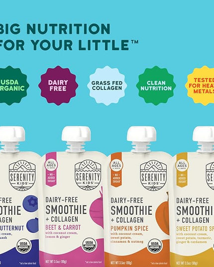 Serenity Kids 6+ Months Dairy-Free Smoothie Baby Food Pouches - Grass-Fed Collagen Protein - USDA Organic Baby Snacks & No Added Sweeteners - 3.5 Oz, 8 Pack