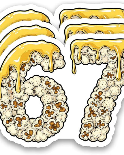 (3Pcs) 67 Popcorn Dripping Meme Stickers Funny Six Seven Gen Alpha Slang 6 7 Numbers Vinyl Decals Waterproof for Laptop, Water Bottle, Tumbler, Scrapbooking, 3" x 2.2"