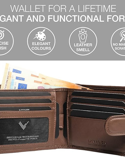 Lavalen Soft Leather Wallet for Men - Mens Wallet Bifold with Zipper Coin Pocket - Holds Bills, Credit Cards, Coins - Carteras para Hombres Piel - Billeteras de Hombres Cuero Original - RFID Blocking.
