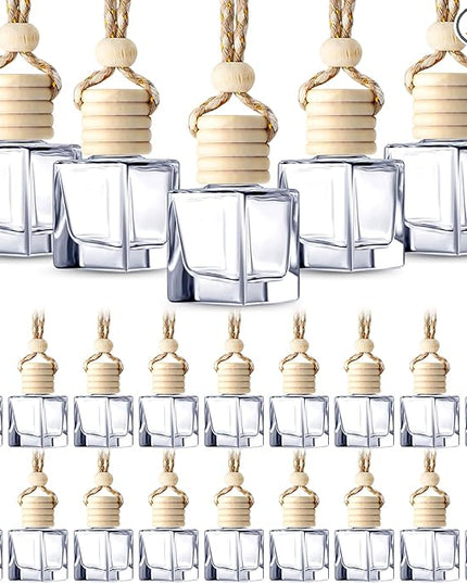 BBTO 50 Pcs Hanging Car Air Freshener Car Diffuser Bottles Empty Glass Perfume Bottle Freshener Diffuser Bottle Pendant for Essential Oil Fragrance Aromatherapy Bottle Ornament(Cube)