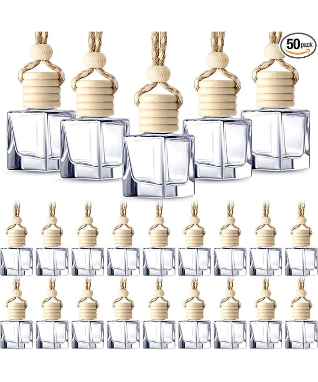 BBTO 50 Pcs Hanging Car Air Freshener Car Diffuser Bottles Empty Glass Perfume Bottle Freshener Diffuser Bottle Pendant for Essential Oil Fragrance Aromatherapy Bottle Ornament(Cube)