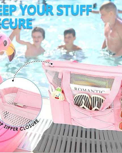 Mesh Beach Bag, Large Beach Tote with Zipper Pocket, Toys Pool Bag for Family Travel Vacation Cruise Essentials