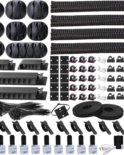 311Pcs Cable Management Organizer Kit 4 Cable Sleeve Split,53Cable Clips 12Cord Clips Holder,22 Cable Ties, 20 Adhesive Wall Cable Tie, 200Fasten Cable Ties for TV Office Home Electronics