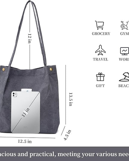 Corduroy Tote Bag Cute Tote Bags for Women Shoulder Bag with Inner Pocket for Work Beach Travel and Shopping Grocery