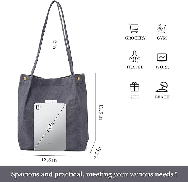 Corduroy Tote Bag Cute Tote Bags for Women Shoulder Bag with Inner Pocket for Work Beach Travel and Shopping Grocery