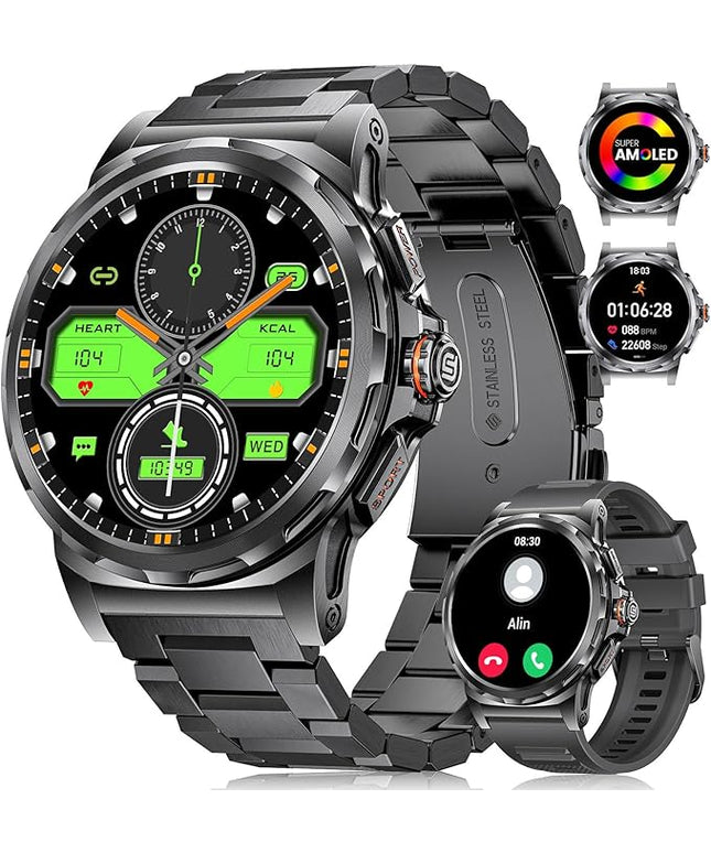 Military Smart Watch for Men(Answer/Dial Calls),1.46'' AMOLED Touchscreen/5ATM Waterproof/120+ Sports Modes Fitness Watch with Blood Pressure/Heart Rate/SpO2/Pedometer for Android/iOS Smartwatch
