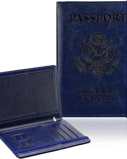 Passport Holder for Travel, RFID Blocking Passport Cover with Pen Holder Leather Passport Wallet Case Travel Must Haves Accessories Passport Book Card Holder for Family Travel Essentials, Dark Blue