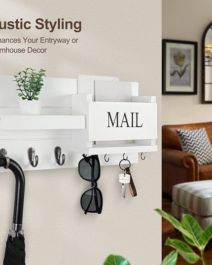 Lwenki Mail Organizer for Wall Mount – Key Holder with Shelf Includes Letter Holder and Hooks for Hallway Farmhouse Decor – Rustic Wood with Flush Mounting Hardware (16.5” x 9.1” x 3.4”) (White)