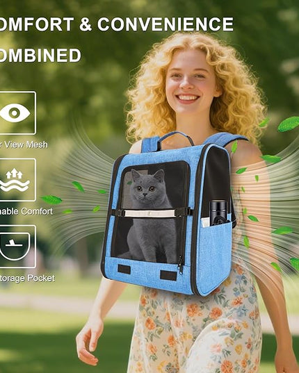 Cat Backpack Carrier with Ventilation Mesh and Safety Leash, Lightweight Dog Travel Backpack with Pockets, Reflective Strip, and Removable Mat,Hiking and Outdoor Use,Blue