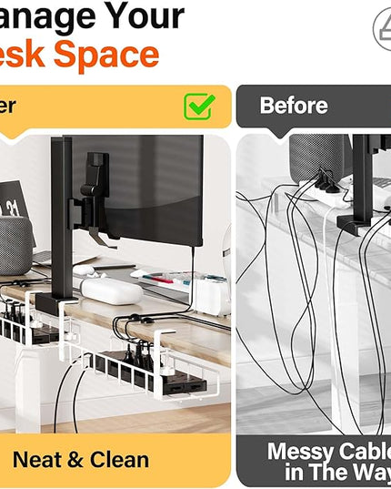 2 Pack Under Desk Tray, 31.4" No Drill Wire Management with Upgraded Clamp, Metal Cord Organizers for Desk, PC Cable Rack, White