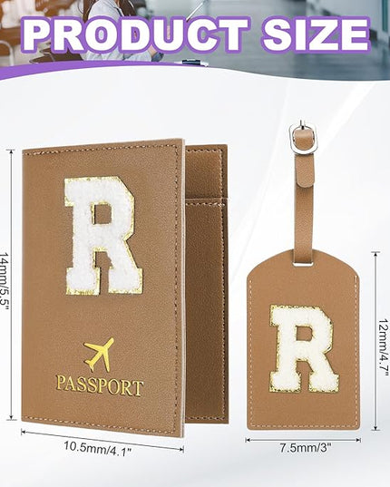 PATIKIL Passport Holder for Travel, Initial Passport Cover and Luggage Tag Set with Alphabet Chenille Letter Patch Travel Wallet Bag Suitcase Identifier for Women Family Travel Brown R