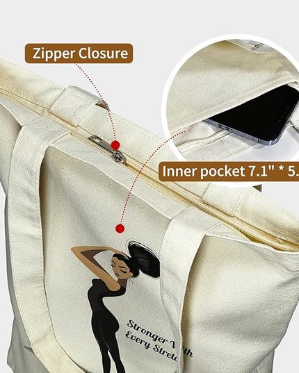 Tote Bag for Women, Reusable Zippered Canvas Bag with Handles Pocket Thick Canvas, for Grocery Shopping Beach Gift