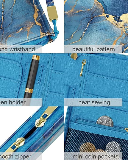Family Passport Holder Wallet RFID Blocking Document Organizer PU Leather Mulit-purpose Travel Wallet Credit Cards Case for Women Men, Blue Marble