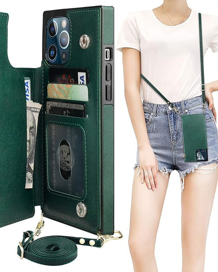 Bocasal Crossbody Wallet Case for iPhone 12 Pro Max with Card Holder,Zipper Card Slot Protector Shockproof Purse Cover with Removable Cross Body Strap 6.7 Inch(Green)