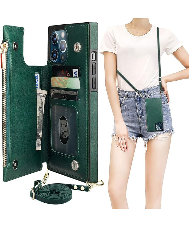Bocasal Crossbody Wallet Case for iPhone 12 Pro Max with Card Holder,Zipper Card Slot Protector Shockproof Purse Cover with Removable Cross Body Strap 6.7 Inch(Green)