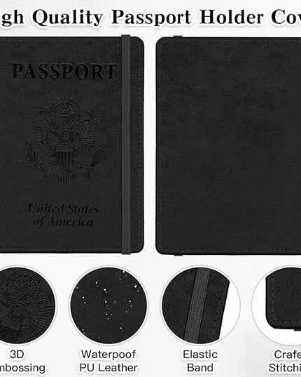 Passport Holder for Travel, RFID Blocking Passport Cover with Pen Holder Leather Passport Wallet Case Travel Must Haves Accessories Passport Book Card Holder for Family Travel Essentials Gifts, Black