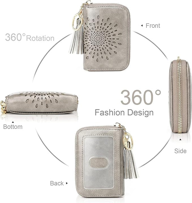 APHISON RFID Credit Card Holder Zipper Card Case Keychain Small Wallet for Women 1927 GRAY