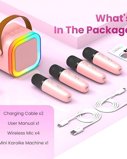 Mini Karaoke Machine for Kids Adults, Portable Bluetooth Speaker with 4 Wireless Karaoke Mics,2026 TOP Birthday Gifts Toys for Girls 3,4, 5, 6, 7, 8+Years Old Karaoke Player Valentine(Pink 4 Mics)