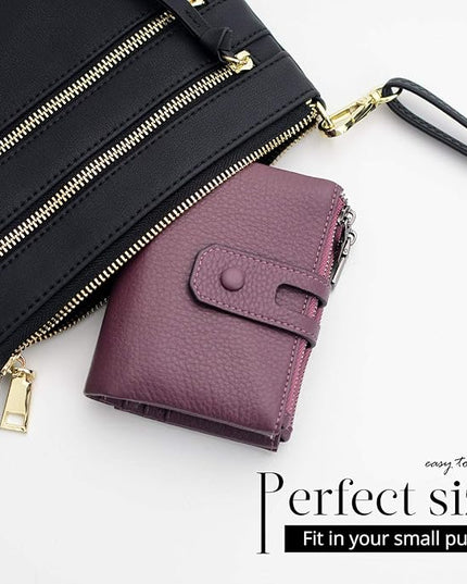 Bveyzi Small Soft Leather Wallet for Women RFID Blocking Ladies Card Holder with Double Zipper Pocket
