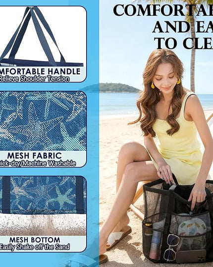 Mesh Beach Bag, Large Beach Tote with Zipper Pocket, Toys Pool Bag for Family Travel Vacation Cruise Essentials