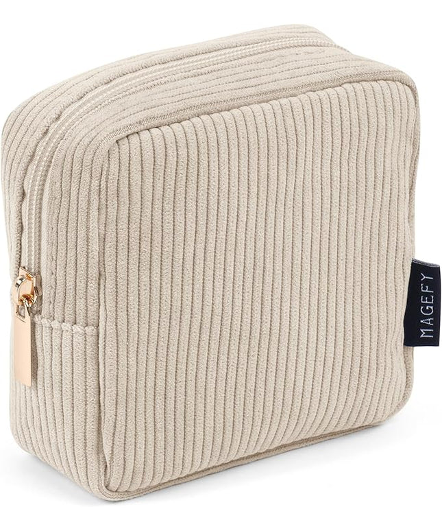 MAGEFY Small Makeup Bag for Purse Mini Cosmetics Bag Corduroy Cute Cosmetic Pouch for Women with Slip-in Pockets