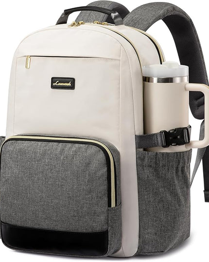 LOVEVOOK Laptop Backpack for Women with Pouch Pocket for Large Capacity Cup,15.6 Inch Laptop Computer Bag Travel Backpack Purse,Waterproof Work Business Backpack College Teacher Bags,Beige-Gray-Black