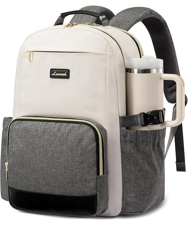 LOVEVOOK Laptop Backpack for Women with Pouch Pocket for Large Capacity Cup,15.6 Inch Laptop Computer Bag Travel Backpack Purse,Waterproof Work Business Backpack College Teacher Bags,Beige-Gray-Black