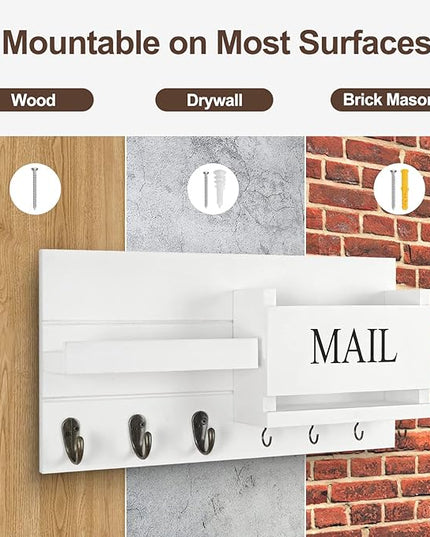 Lwenki Mail Organizer for Wall Mount – Key Holder with Shelf Includes Letter Holder and Hooks for Hallway Farmhouse Decor – Rustic Wood with Flush Mounting Hardware (16.5” x 9.1” x 3.4”) (White)