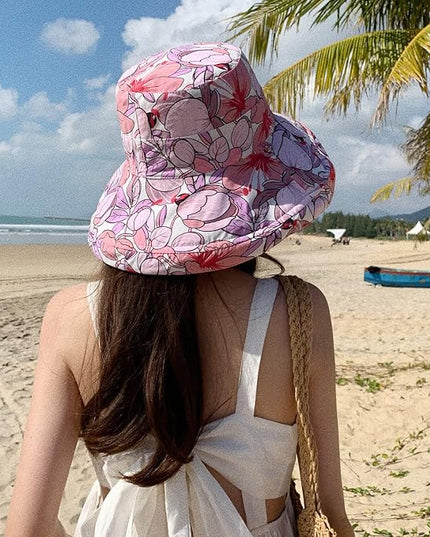 HUAMULAN Women Summer Sun Hat Wide Brim Wired Edge Floral Beach Bucket Hats Reversible Foldable Travel UV Protection Lady Hat