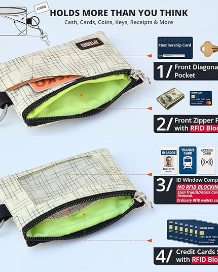 RFID Blocking Travel Wallet with Adjustable Lanyard, Small Nylon Zipper Pouch and Badge Holder for ID, Credit Cards, Cash, Keys, Commuters(BeigeCrosshatch)