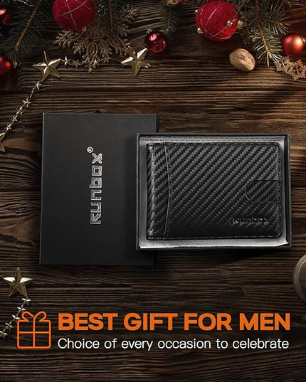 RUNBOX Slim Wallet for Men Genuine Leather RFID Blocking Bifold Minimalist Front Pocket Mens Wallet with Money Clip Thin Gift Box