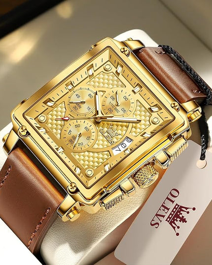 OLEVS Men's Chronograph Leather Watch, Big Face Easy to Read Analog Quartz Dress Watch, Casual Waterproof Luminous Hands Date Watches for Men, White/Blue/Black/Gold Dial