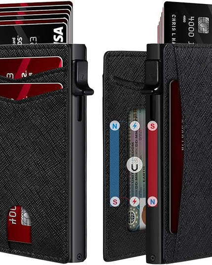 RUNBOX Slim Card Wallet for Men with ID Window – Minimalist RFID Wallet, Pop-Up Function, Ultra Thin Design, Metal Business Card Case Holds 8+ Cards, Gifts for Men, Men's Accessories