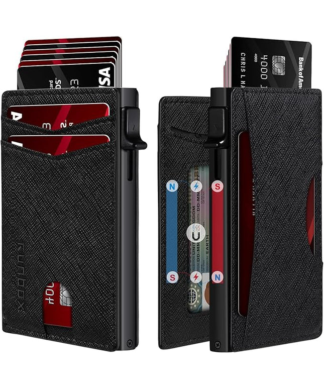 RUNBOX Slim Card Wallet for Men with ID Window – Minimalist RFID Wallet, Pop-Up Function, Ultra Thin Design, Metal Business Card Case Holds 8+ Cards, Gifts for Men, Men's Accessories