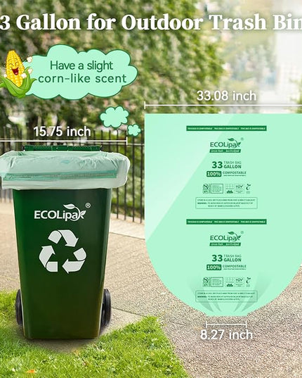ECOLipak 33 Gallon Compostable Trash Garbage Bags, 25 Count (1 Roll) Biodegradable Heavy Duty Large Outdoor Trash Bags for Lawn/Yard, US BPI ASTM D6400 and OK Compost Home Certified