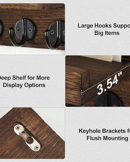 Lwenki Key Holder for Wall, Decorative Key and Mail Holder with Shelf Has Large Key Hooks for Bags, Coats – Paulownia Wood Key Hanger with Mounting Hardware (9.8”W x 6.7”H x 4.2”D) (Brown)