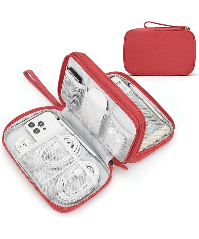 FYY Electronic Organizer, Large Travel Cable Organizer Bag Pouch Electronic Accessories Carry Case Portable Waterproof Double Layers All-in-One Storage Bag for Cable, Cord, Charger, Phone, Red