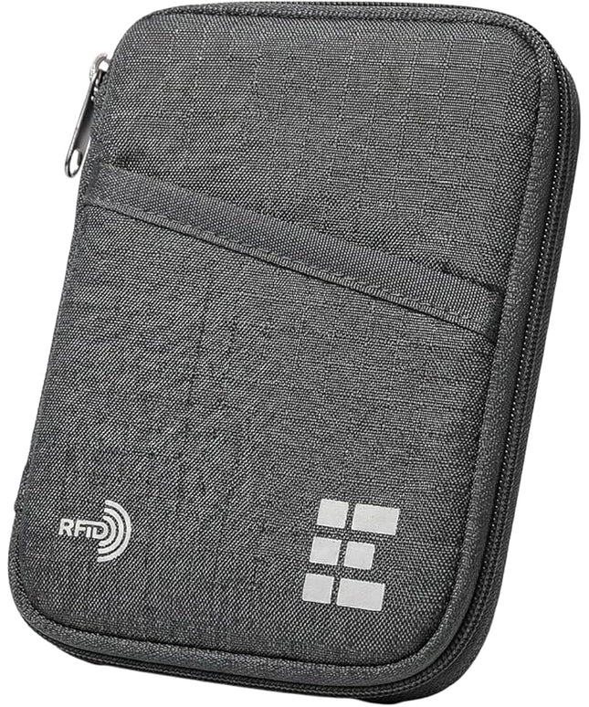 Zero Grid Passport Holder & Travel Wallet with RFID Blocking, Premium Document Organizer for Men & Women, Holds Passports, Cards, Tickets, ID & Cash, Compact Zippered Wallet - Shadow Grey