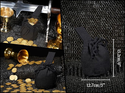 Mythrojan Canvas Drawstring Belt Pouch Medieval Renaissance Bag Costume Accessories Coin Purse Waist Purse - Black, 5" x 6"