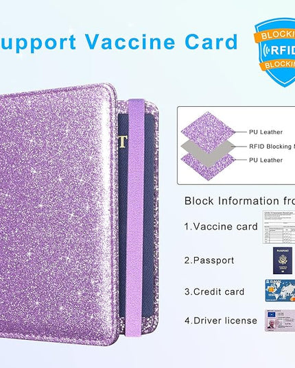 ACdream Unisex Faux Leather Passport and Vaccine Card Holder, Glitter Purple, RFID Blocking, Protects Valuable Information