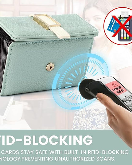 Pomelo Best Credit Card Holder RFID Wallet for Women, Small Leather Zipper Card Case with With 11 Card Slots Light Blue