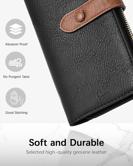 BOSTANTEN Womens Leather Wallets RFID Blocking Large Capacity Trifold Card Holder Ladies Phone Clutch Black＆Brown