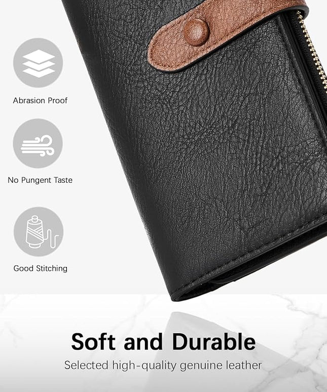 BOSTANTEN Womens Leather Wallets RFID Blocking Large Capacity Trifold Card Holder Ladies Phone Clutch Black＆Brown