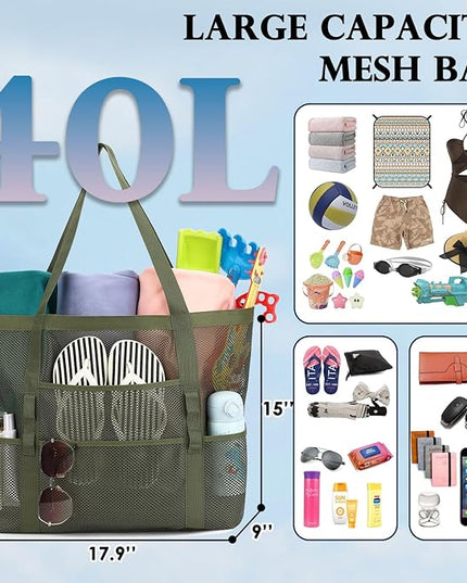 Mesh Beach Bag, Large Beach Tote with Zipper Pocket, Toys Pool Bag for Family Travel Vacation Cruise Essentials