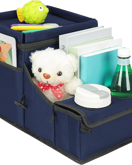 Car Seat Organizer, Backseat Car Organizer with Cup Holder Tray and Storages for Kids and Adults, Portable Travel Cooler for Car for Front or Back Seat Passenger Organizer Ccompartment (Navy Blue)